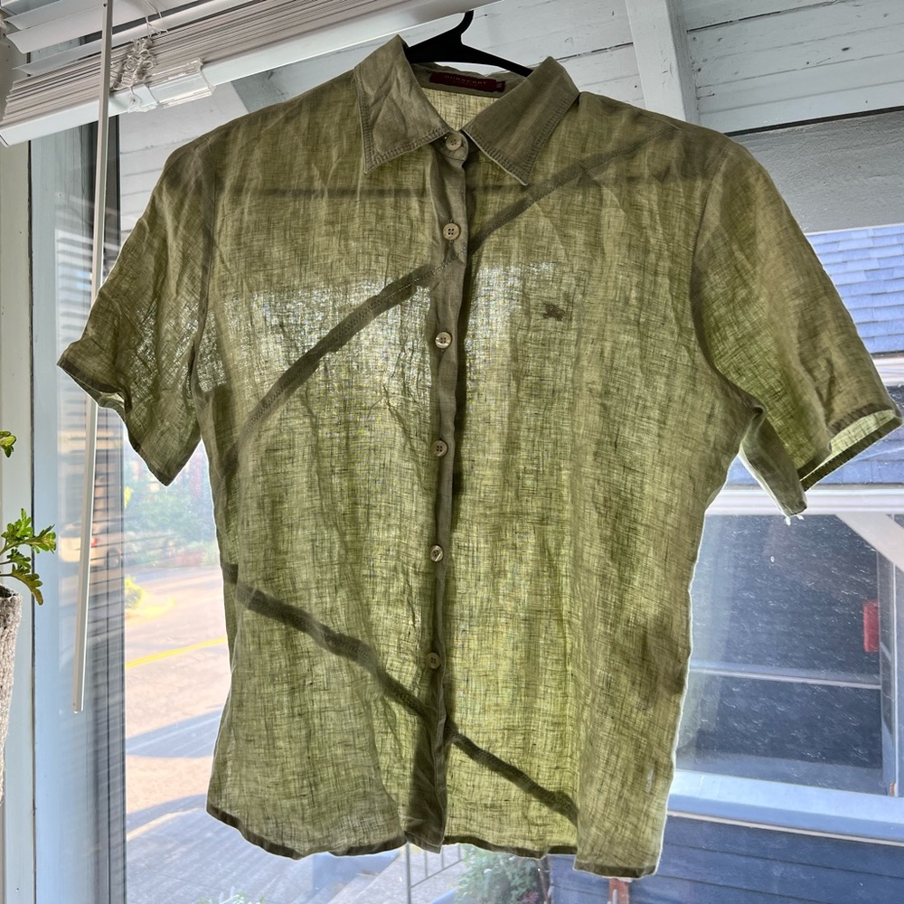 Vintage Burberry 100% Linen Green Button Up Shirt